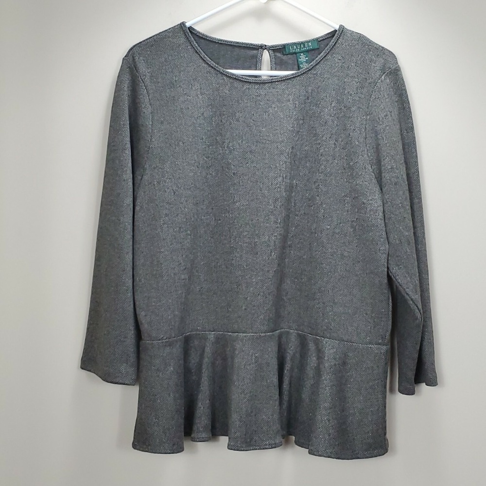 Lauren Ralph Lauren gray black LS ruffle hem top scoop neck chevron XL back keyh